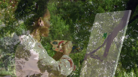 painting on canvas, person creating animation with nature scene in background