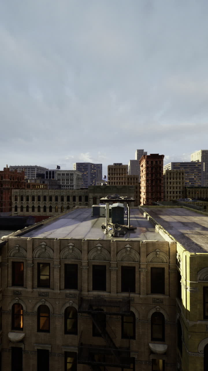 Paisaje urbano con edificios históricos y horizonte moderno al atardecer