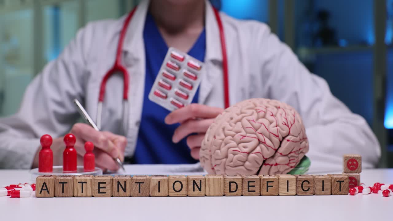 Médico com Modelo de Cérebro e Comprimidos para Transtorno de Déficit de Atenção