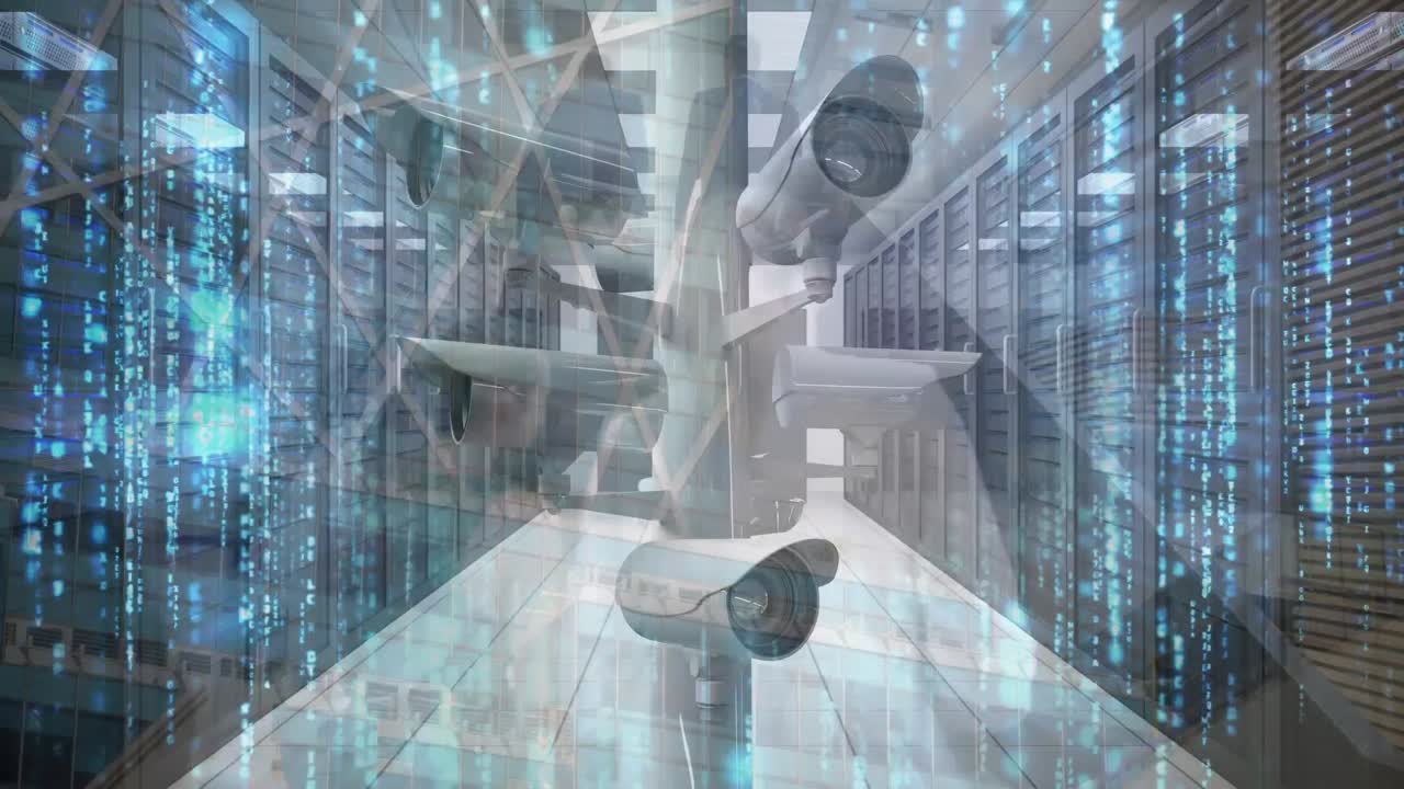 animación de cámaras de seguridad sobre el procesamiento de datos y la sala de servidores