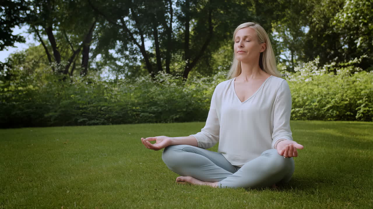 Woman practicing meditation in a peaceful outdoor setting