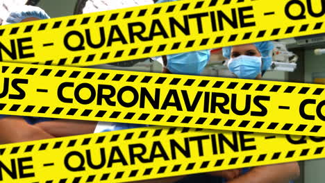 animation of word quarantine with healthcare worker in background during covid19 pandemic