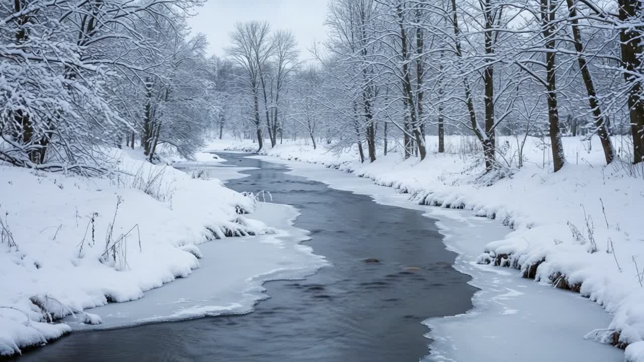 A tranquil winter scene featuring a gently flowing river surrounded by a serene landscape adorned with snow-covered trees and icy banks, embodying the peaceful essence of nature in the cold season