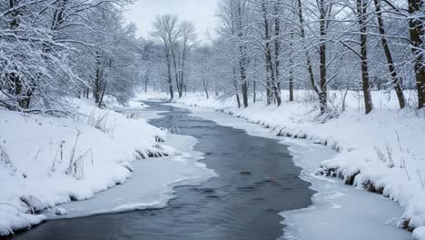 a tranquil winter scene featuring a gently flowing river surrounded by a serene landscape adorned with snow-covered trees and icy banks, embodying the peaceful essence of nature in the cold season