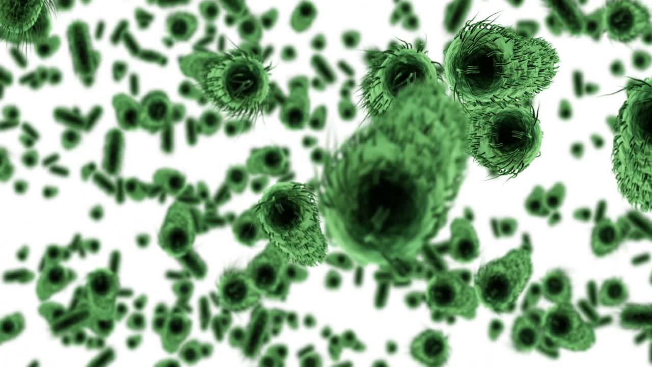 Digital generated bacteria cells flowing against white background