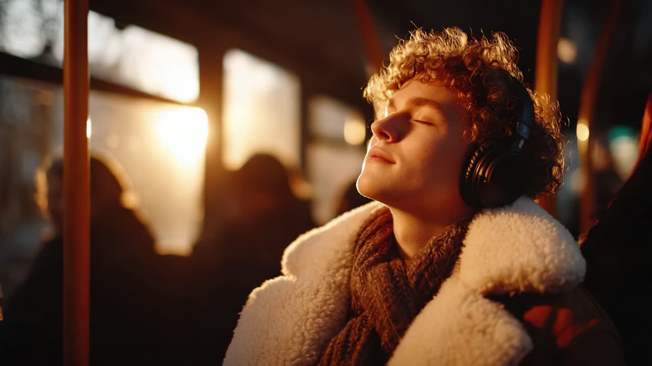 Una persona joven disfruta de un momento sereno de relajación en transporte público, inmersa en la música mientras la luz del sol ilumina cálidamente el interior del autobús.