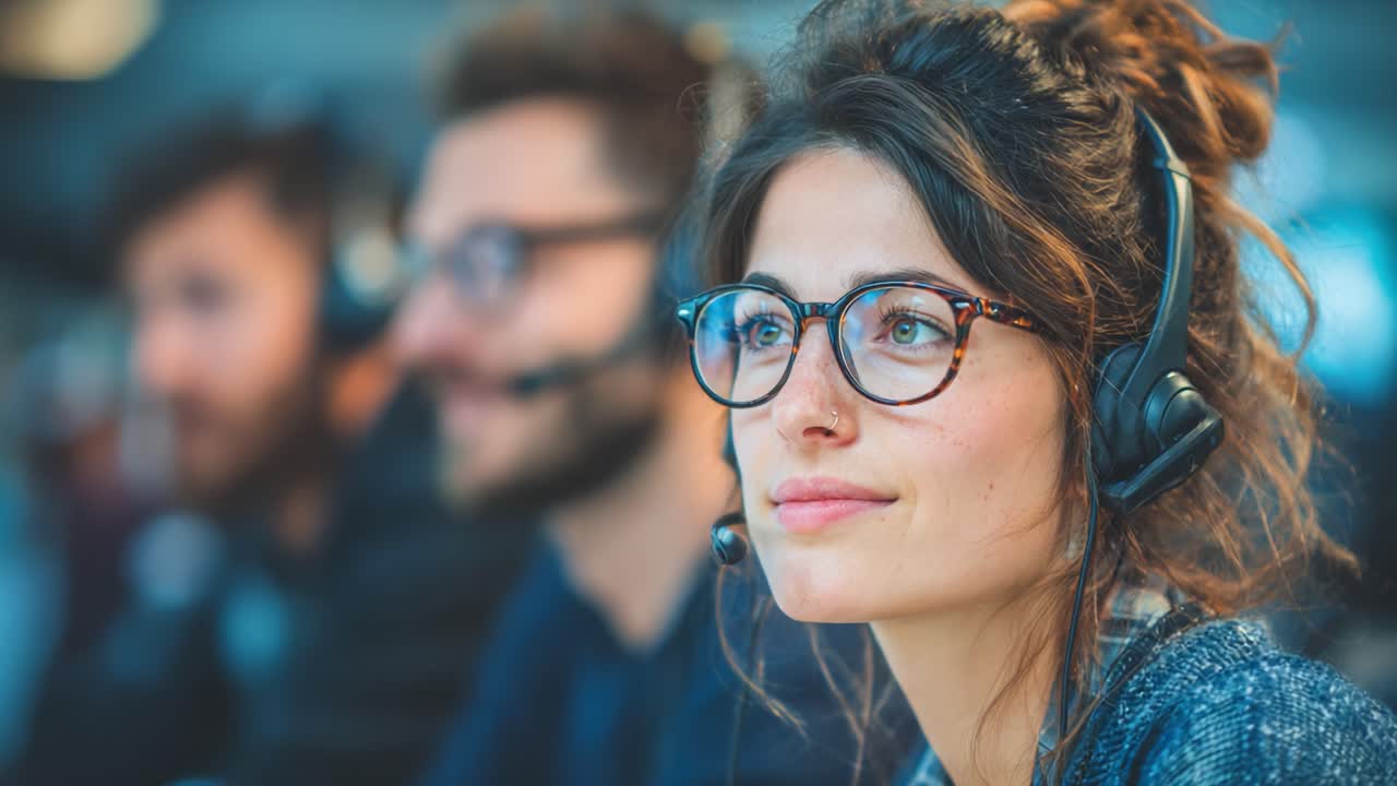 Representante de atendimento ao cliente usando um headset em um call center moderno, oferecendo suporte e assistência aos clientes com uma atitude amigável