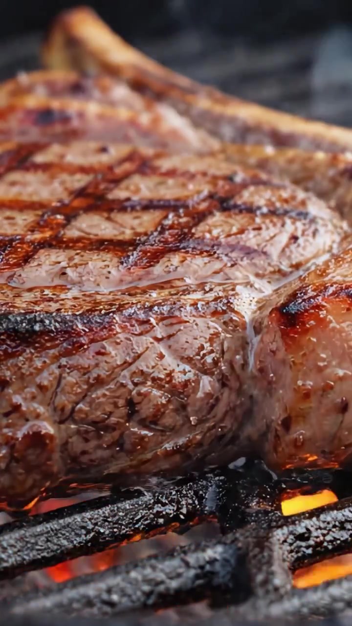 Sizzling Grilled Steak Cooking Over Open Flame, Capturing the Juicy Texture and Perfectly Charred Surface of Gourmet Meat in a Barbecue Environment
