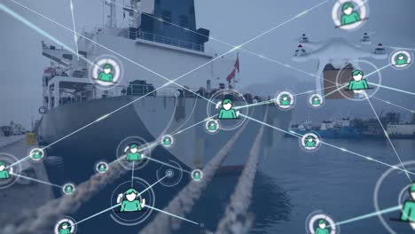 animation of networks of connections and digital drone over shipyard