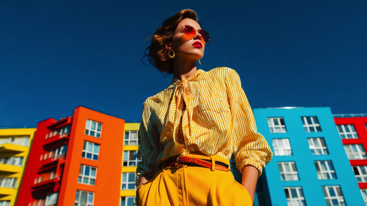 A fashionable woman in vibrant attire highlights a stunning contrast against a backdrop of colorful buildings under a clear blue sky, showcasing modern urban style and individuality through bold fashion choices