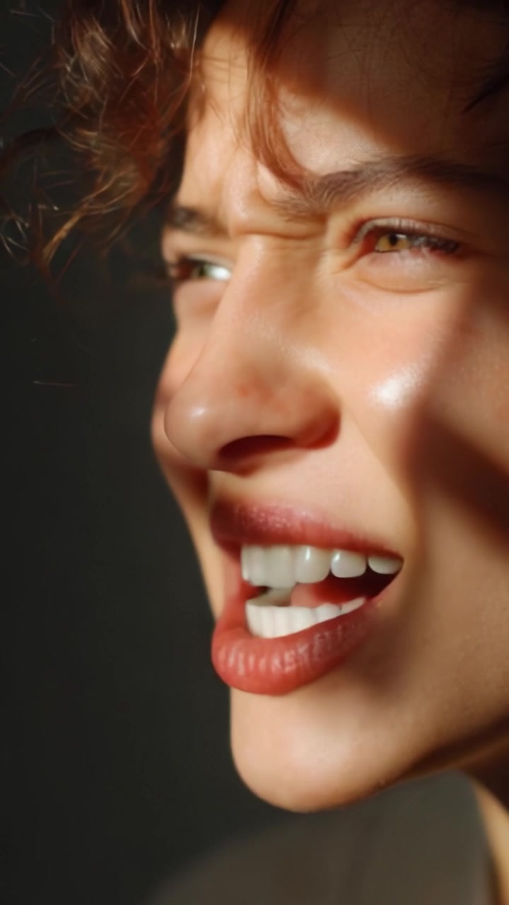 A close-up of a young woman's expressive face, showcasing a dynamic transition from shouting to a pouting expression in a dramatic, illuminated setting.