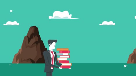 elegante hombre de negocios trabajador levantando libros y montañas