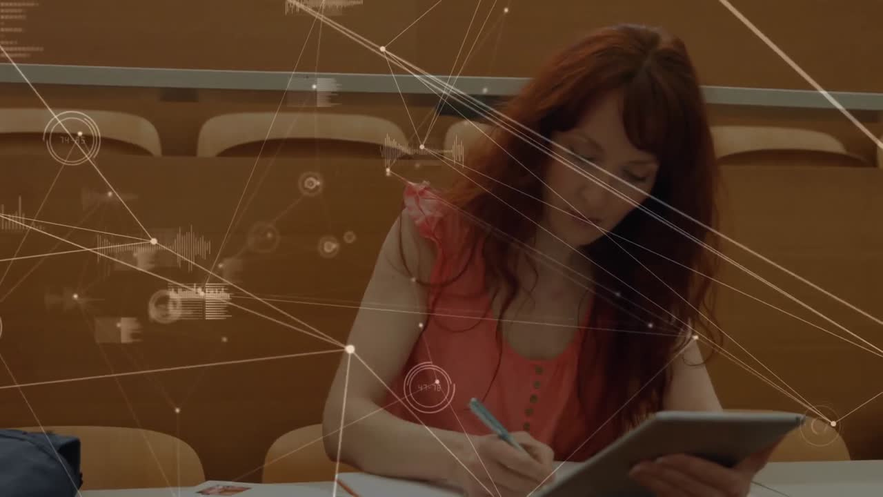 태블릿을 사용하는 여성 학생을 통해 연결 네트워크의 애니메이션