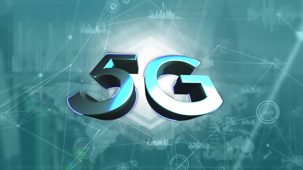 연결 및 도시 풍경의 스피닝 네트워크를 통해 5g 텍스트의 애니메이션