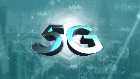 animación de texto 5g sobre red giratoria de conexiones y paisaje urbano