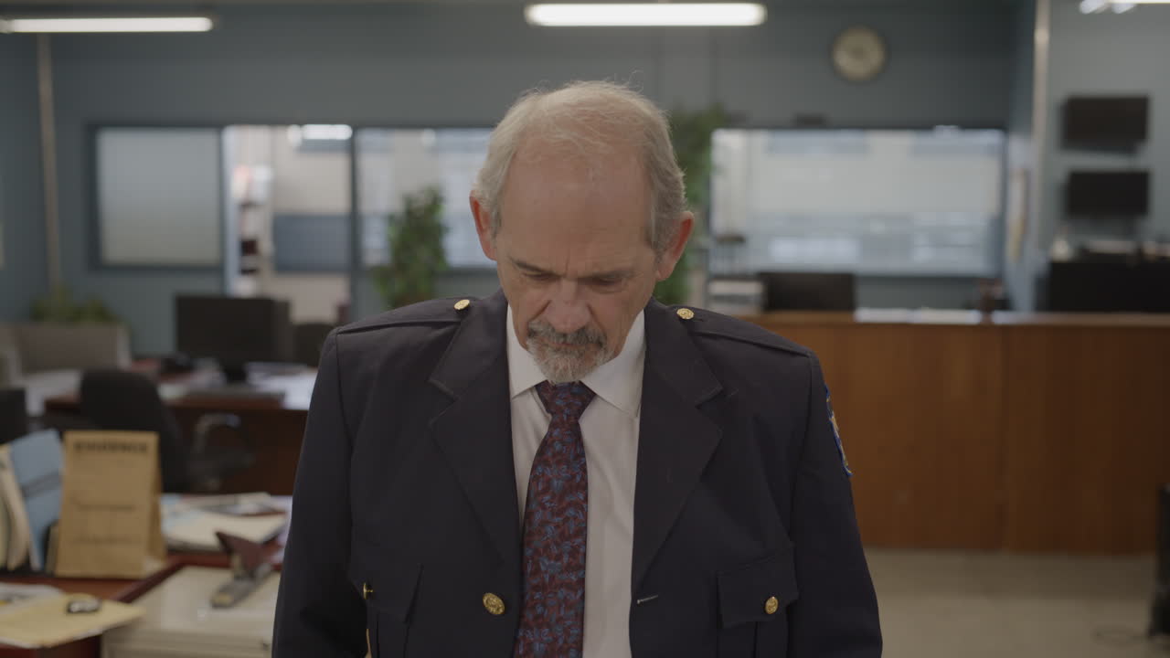 은퇴 연령의 경찰관이 카메라에 미소 짓고 있습니다.