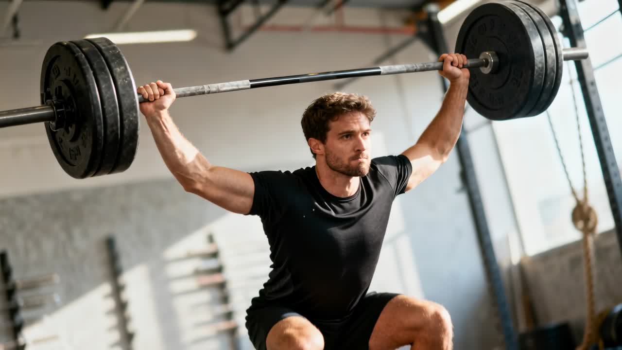 Homme en short noir effectuant un squat overhead à la salle de sport, remontant avec une barre en poussant sur les hanches.
