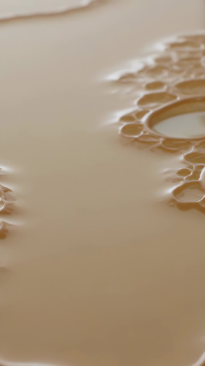 Video vertical: Mostrando una superficie viscosa beige formando una depresión y desarrollando un anillo de burbujas en el estudio.