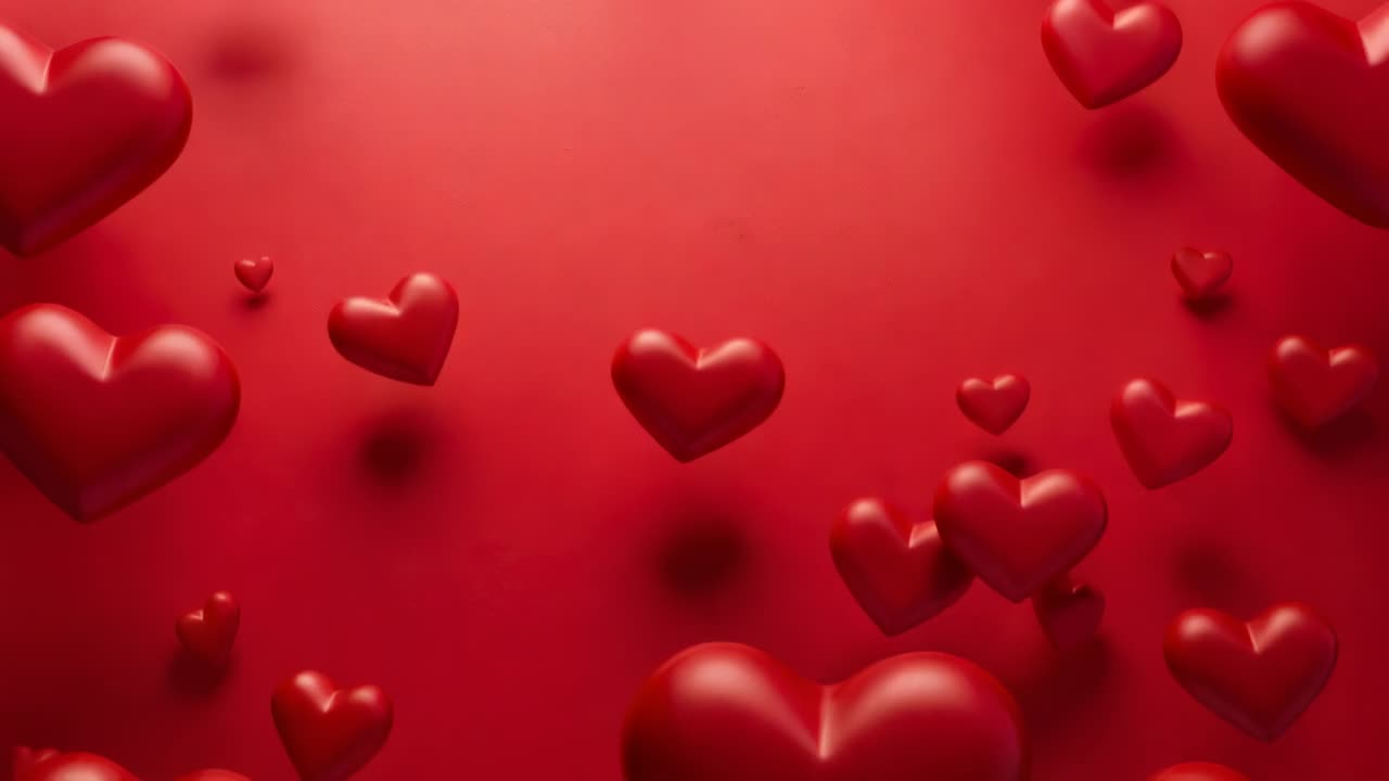 Animazione in avvio, cuori 3D lucidi che si raggruppano dai bordi verso il rosso studio frontale, aggiungendo profondità
