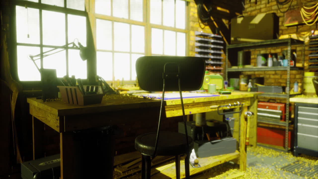 Cozy workshop with wooden desk and tools illuminated by natural light