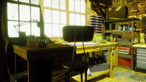 cozy workshop with wooden desk and tools illuminated by natural light