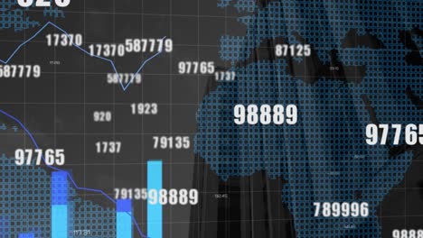 Animation-Von-Sich-ändernden-Zahlen-Und-Datenverarbeitung-über-Weltkarte-Und-Stadtbild