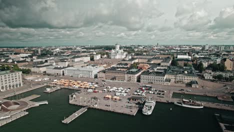 helsinki cathedral and market on a slightly cloudy day, aerial, drone