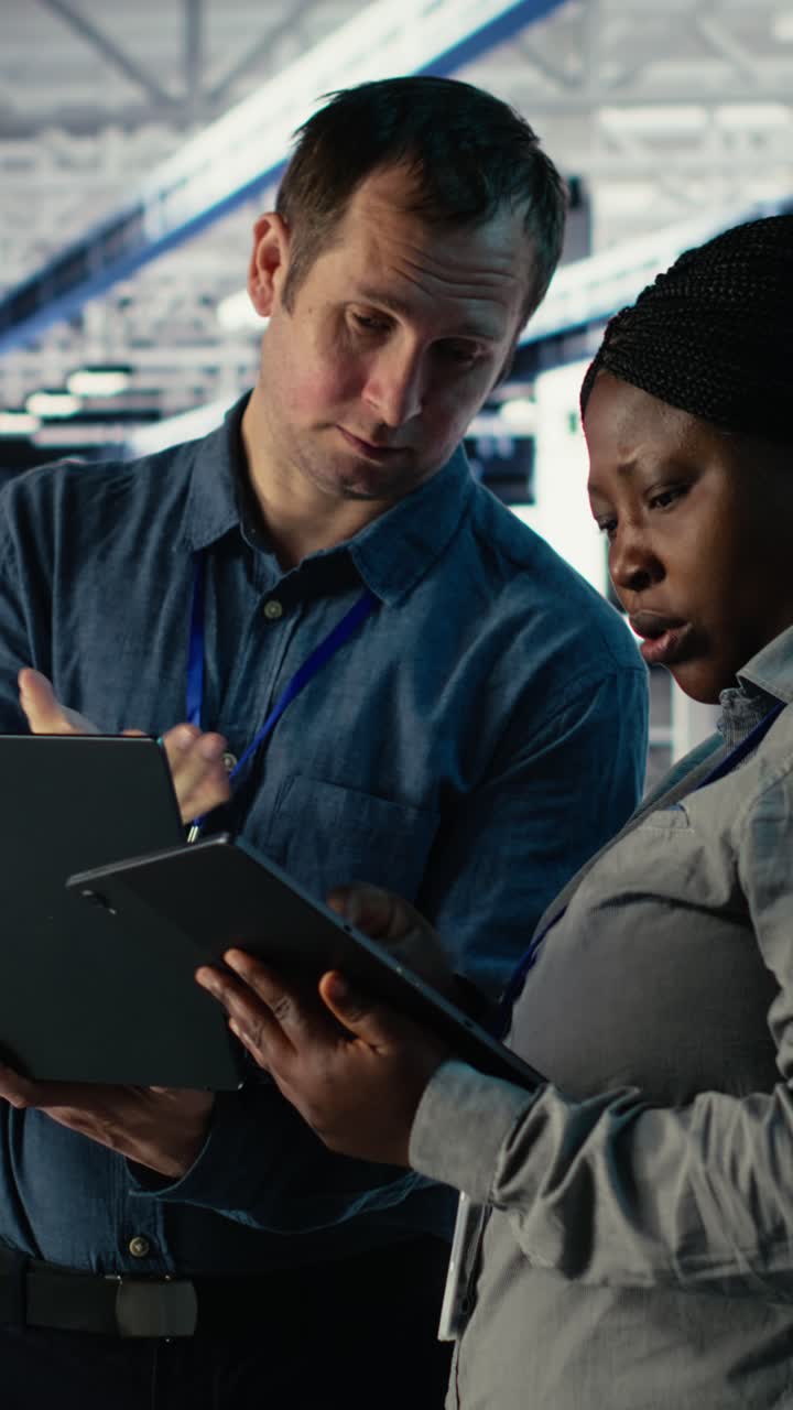 Vertical Video Team Of Engineers Monitor Server Hub Activity Using Laptop And Tablet