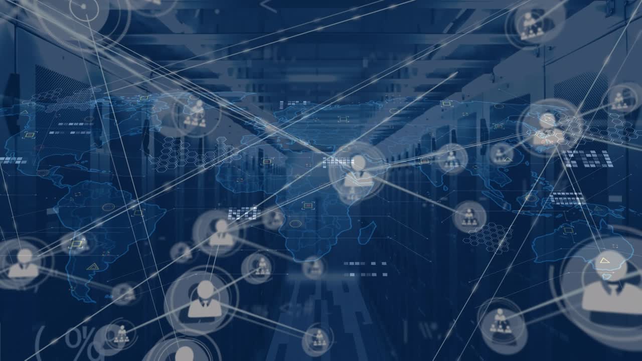 Animation of network of connections and data processing with world map over server room