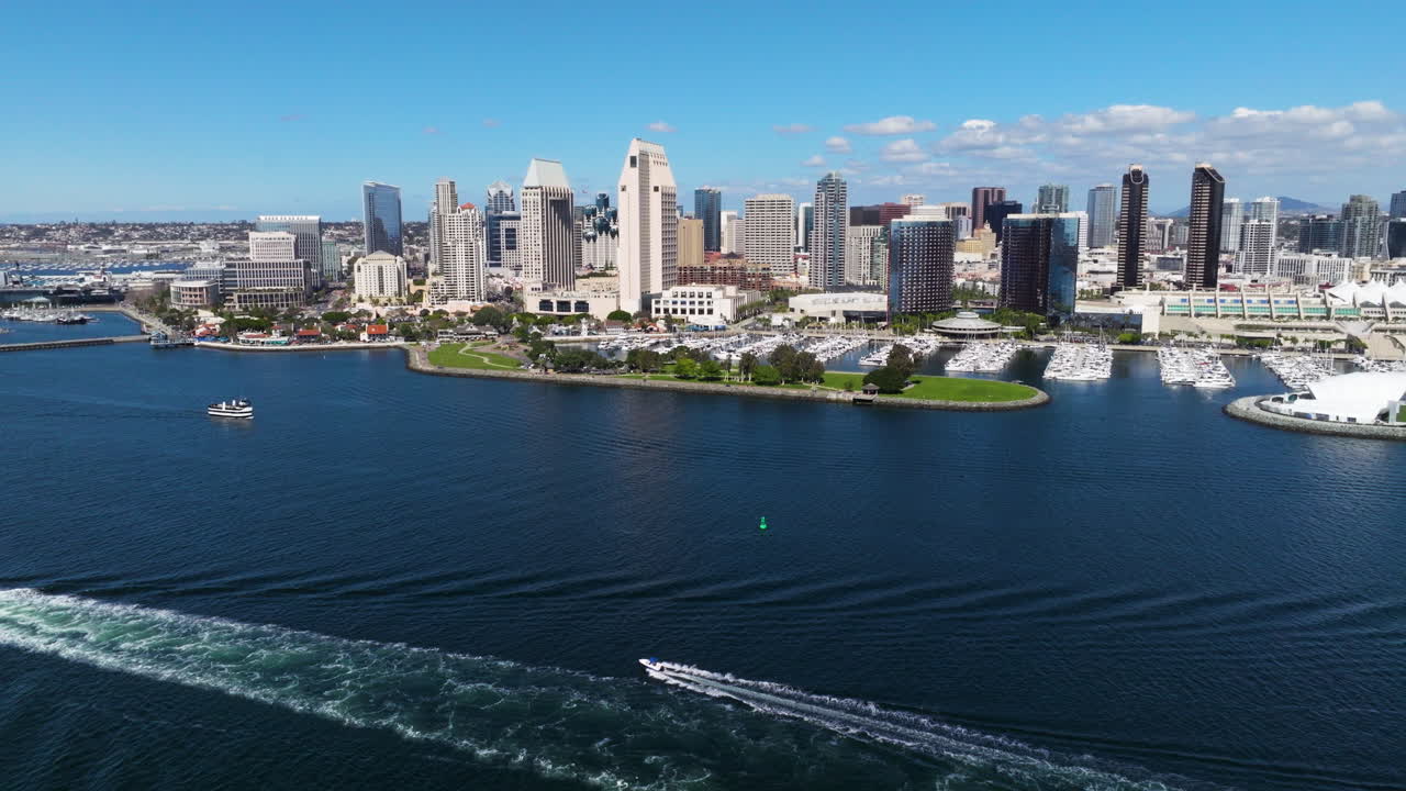 Boats At San Diego Bay With Skyline And Waterfront Marina In California, United States. Aerial Drone Shot