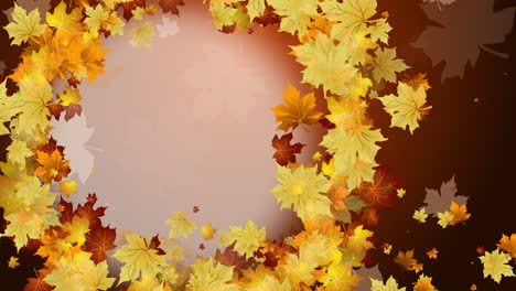 yellow maple leaves in a round frame for text on a dark autumn background. looped seasonal animation of falling leaves.