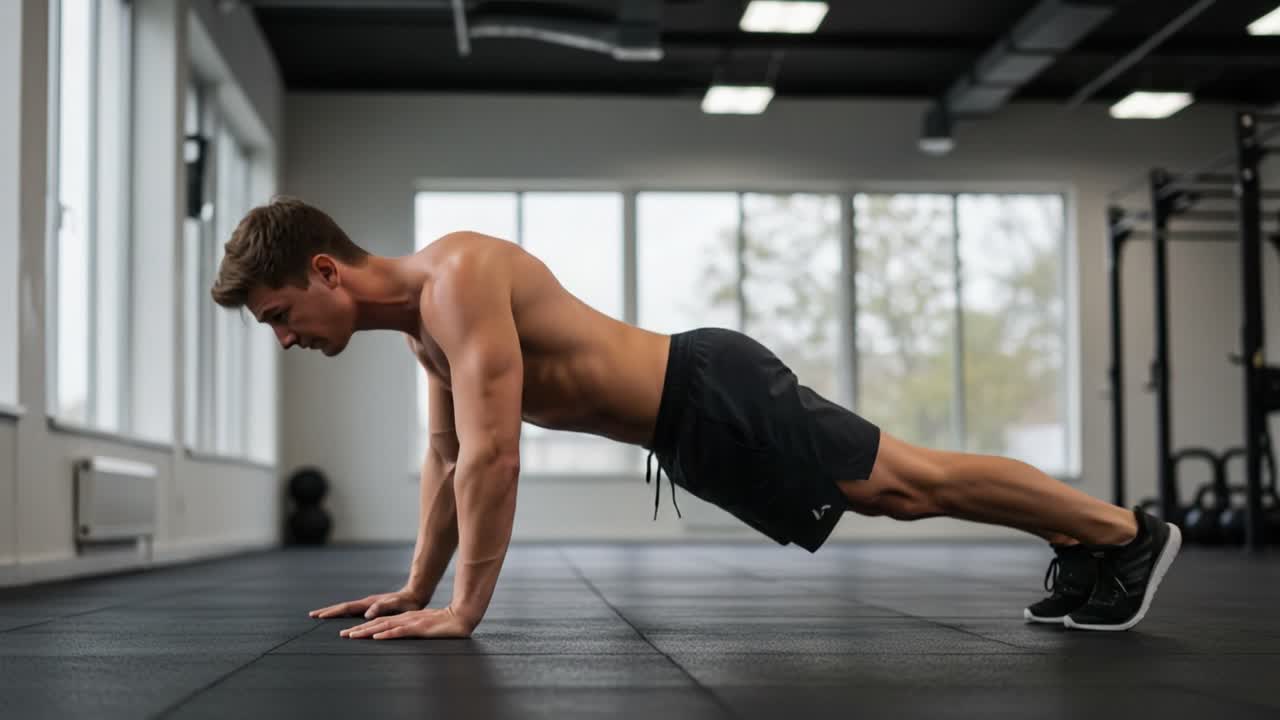 Un appassionato di fitness perfeziona la sua tecnica di push-up in una moderna palestra, mostrando forza, disciplina e dedizione alla salute e al benessere