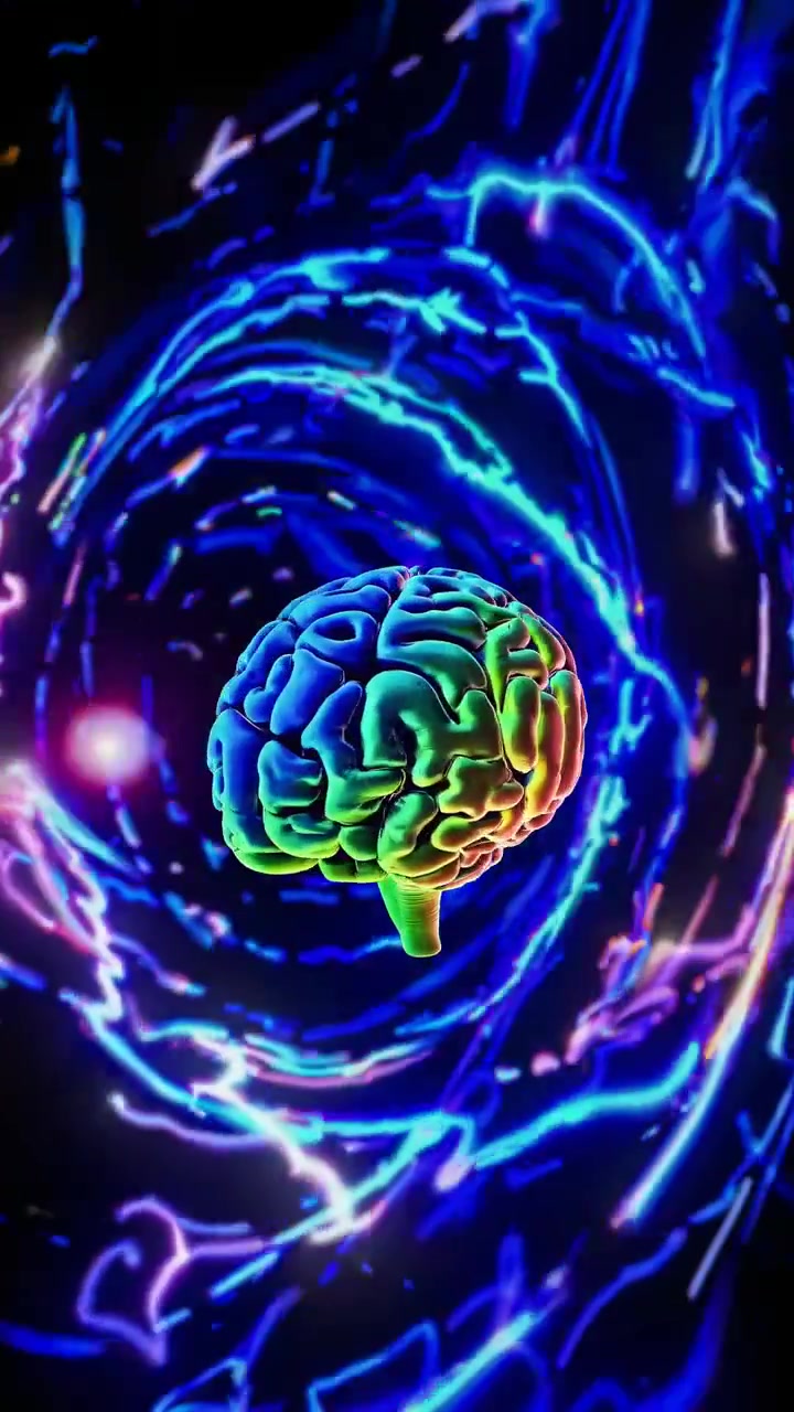 Human Brain Floating Amidst Swirling Neon Energy Vortex