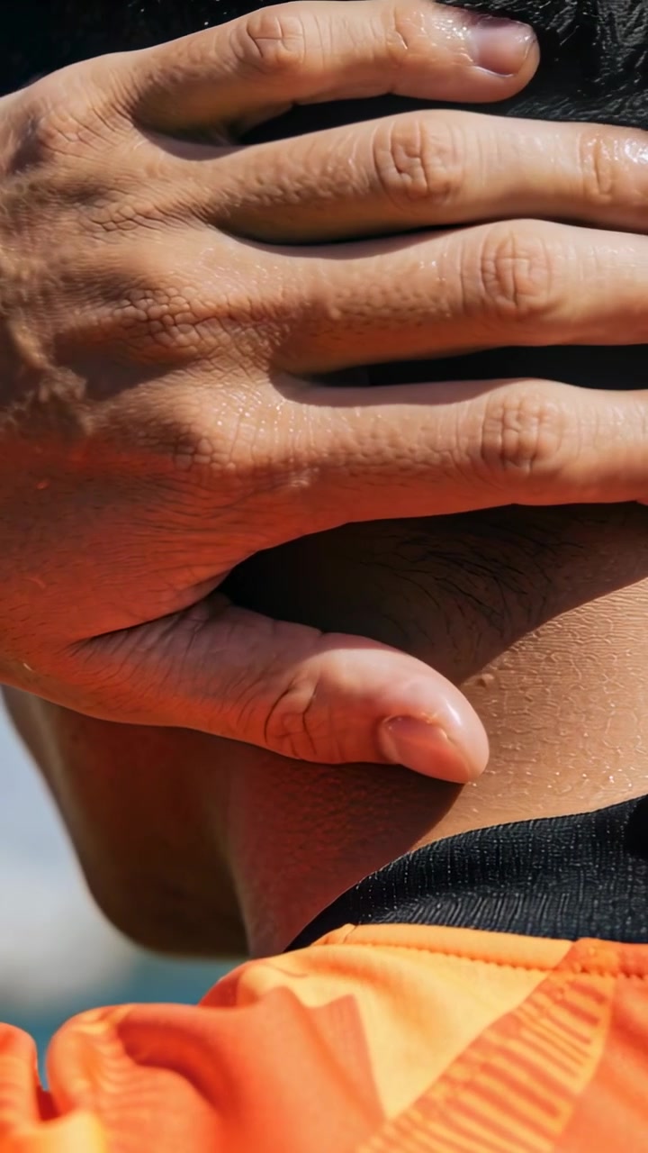 Video verticale: Mano destra di un uomo che si asciuga il sudore dalla nuca in un parco soleggiato, con maglietta arancione e colletto nero.