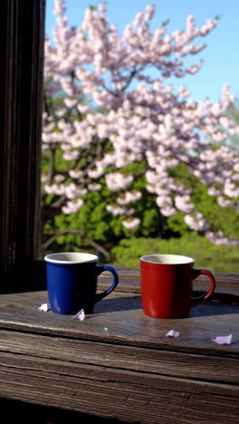 spring morning by the window with coffee cups