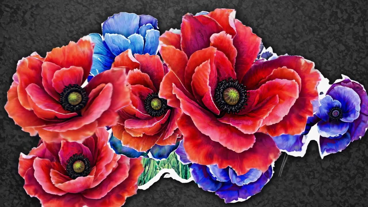 Poppy flowers transforming through vibrant hues, shifting artistic interpretations against textured backdrop, revealing mesmerizing color transitions and dynamic visual poetry