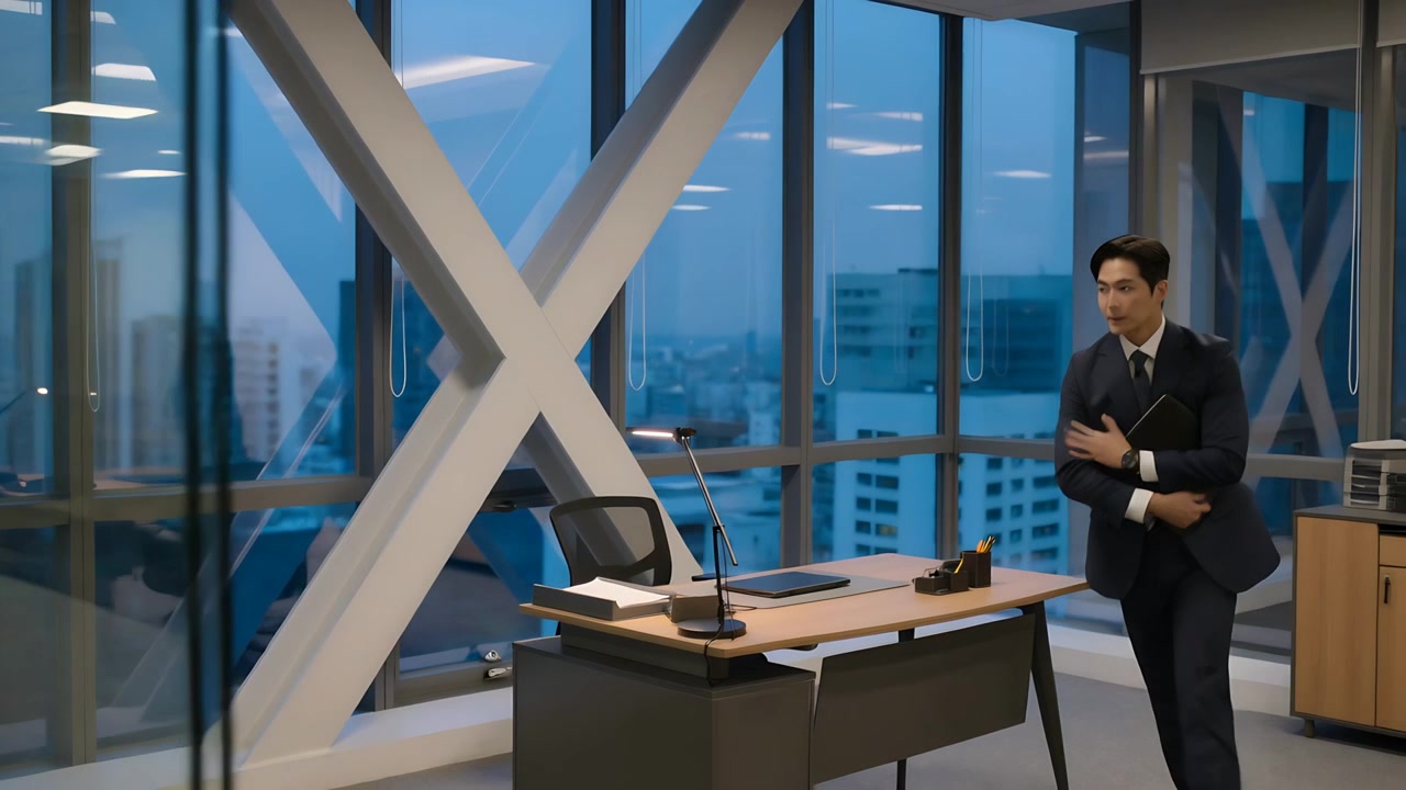 Homem de terno escuro organizando a mesa em escritório de canto perto de grandes janelas, com pasta, espaço para texto.