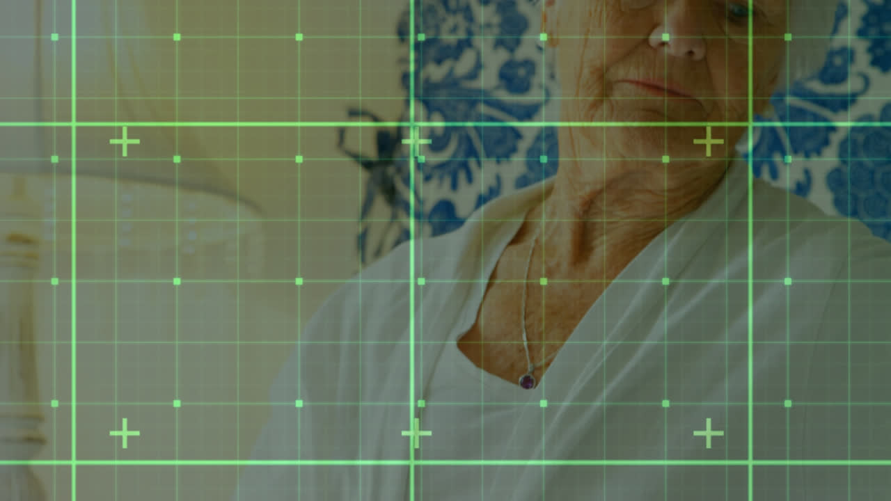 설탕 테스트를 하는 노인 여성에 대한 디지털 데이터 처리의 애니메이션