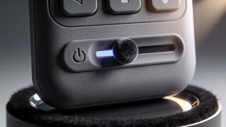 Illuminating blue LED bar moving grey device's fuzzy knob along slot on stand, for power