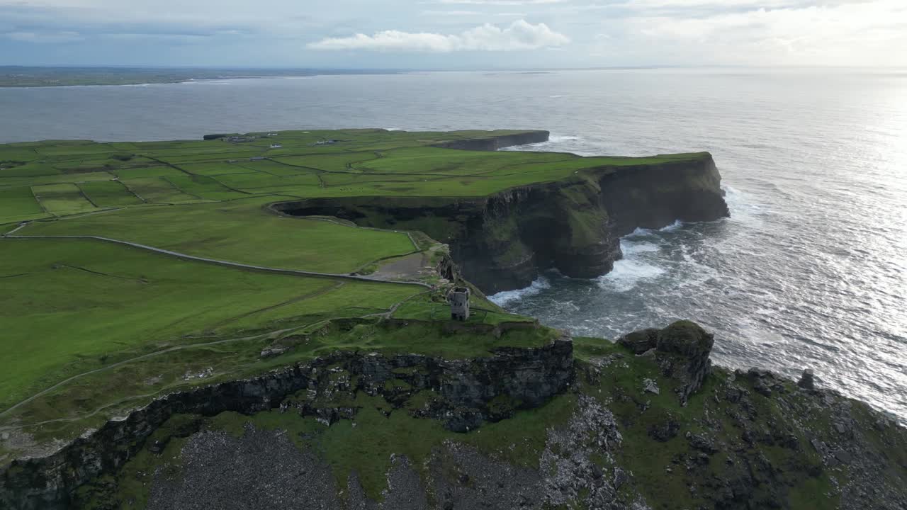 Stunning aerial view of Moher Tower at Hag's Head and Ireland Cliffs at sunset