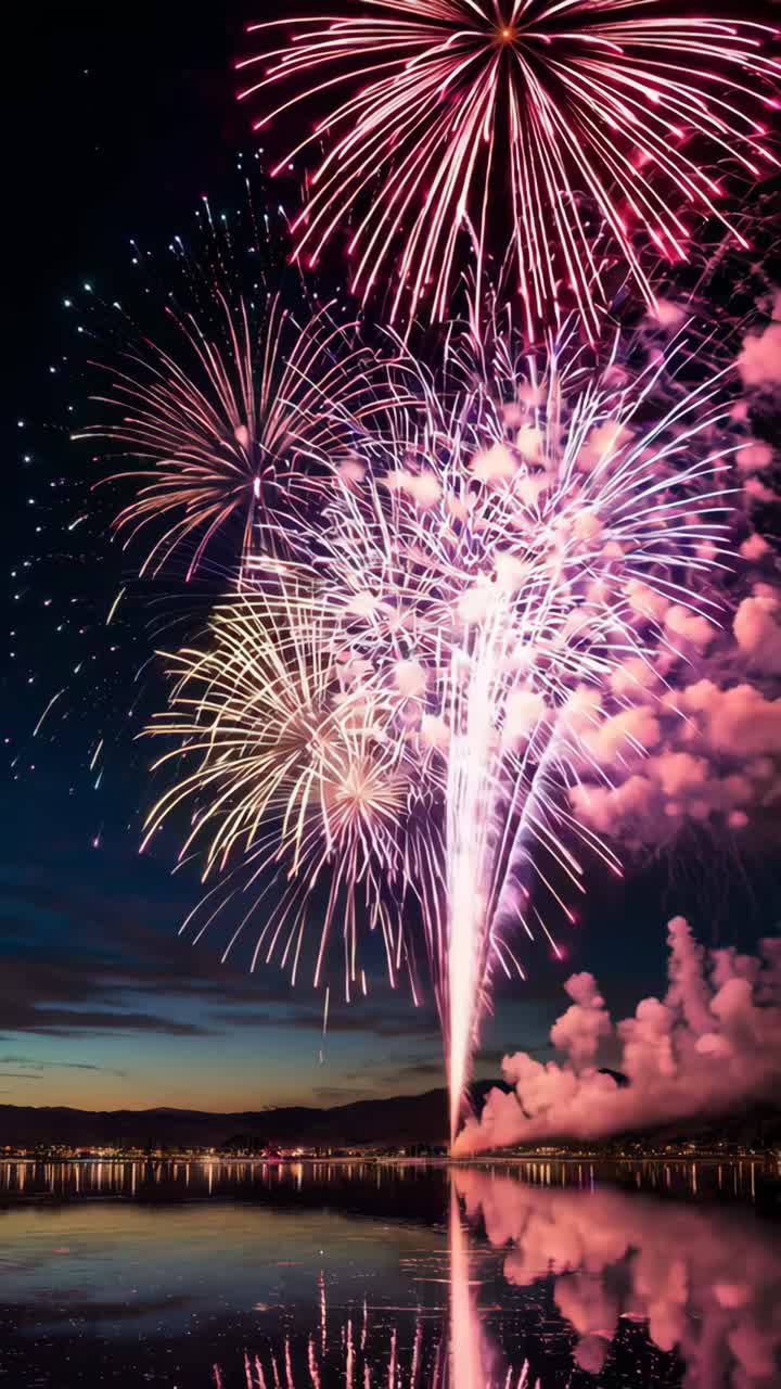 A vibrant fireworks display over a serene lake at dusk, captured from a low-angle