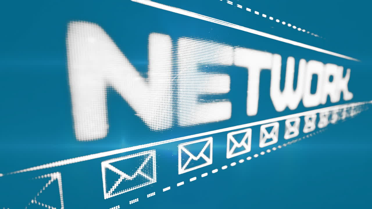 Animation of digital data processing and network text over blue background