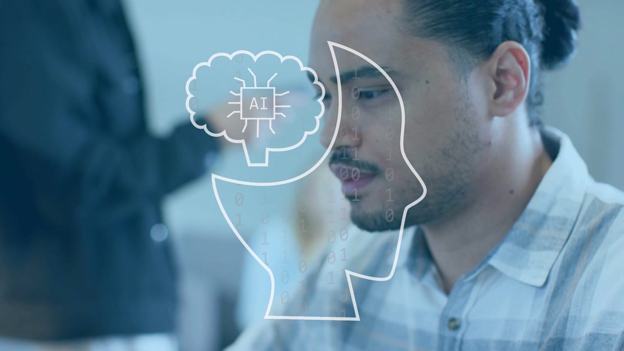 Analyst tapping trackpad, starting white head outline aligning to face, showing AI brain for tech