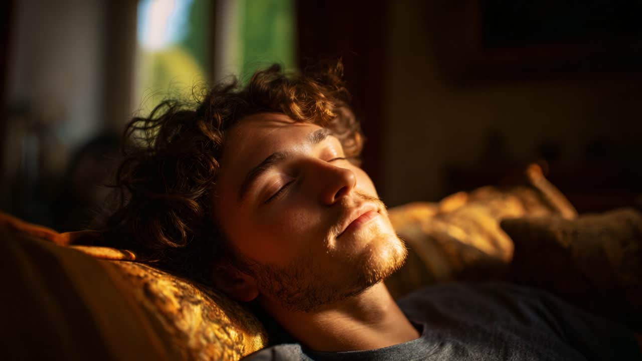 Et fredfyldt øjeblik fanget i lyset, der viser en ung mand, som hviler fredeligt på en sofa, oplyst af varmt eftermiddagssollys, der strømmer ind ad vinduet.