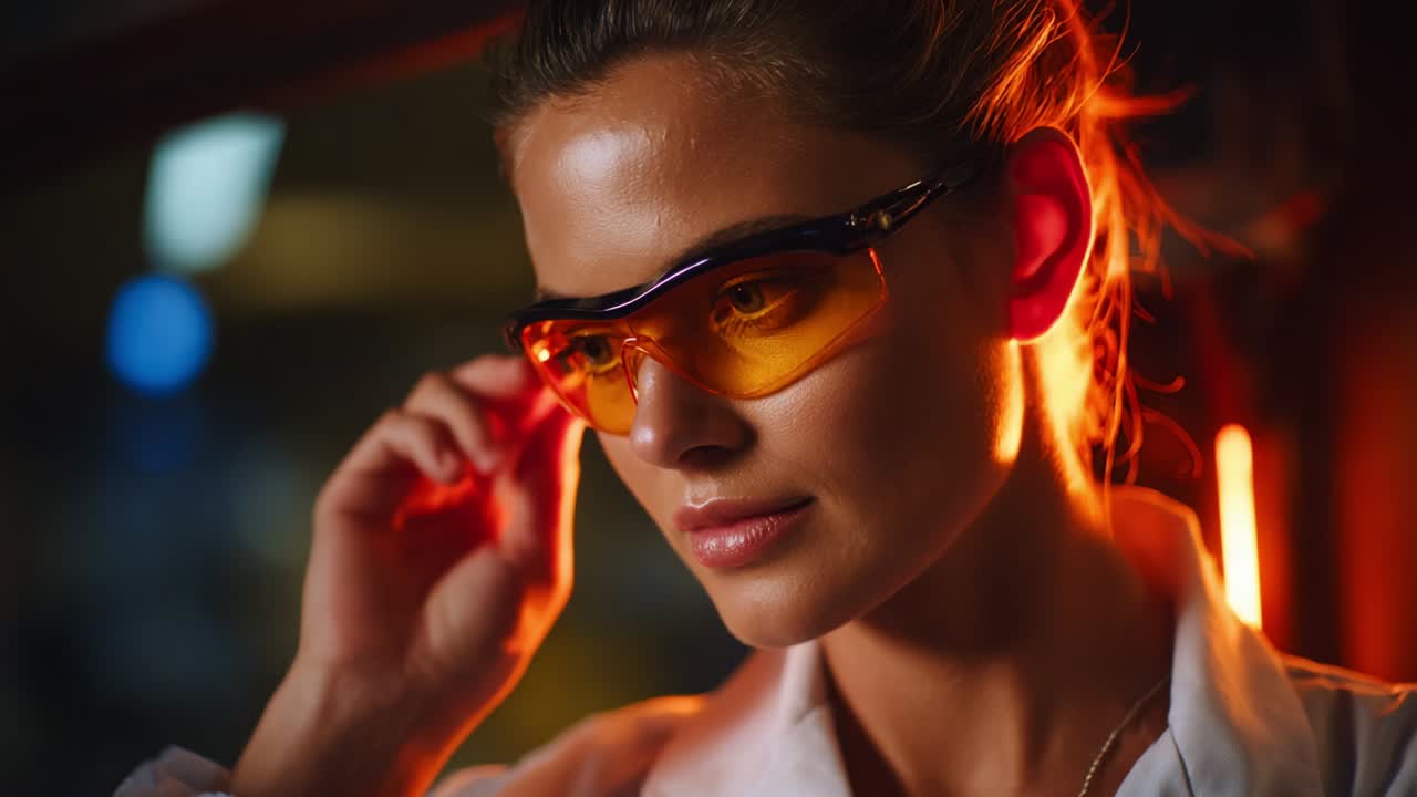 A Confident Portrait of a Woman in Stylish Sunglasses, Emphasizing Her Intense Gaze and Modern Look, Captured in a Vibrant Lighting Setup That Highlights Her Features and Creates an Engaging Atmosphere