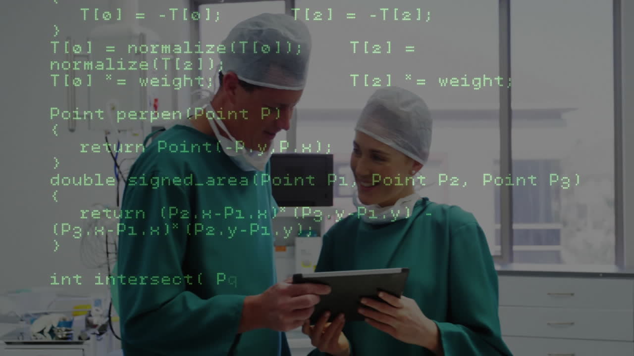 male doctor holding tablet while female doctor reviewing code overlay in health tech hospital