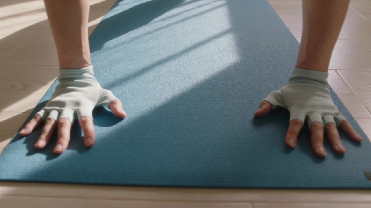Manos de adulto con guantes sin dedos apoyando las palmas sobre una colchoneta azul en casa, preparándose para hacer ejercicio.