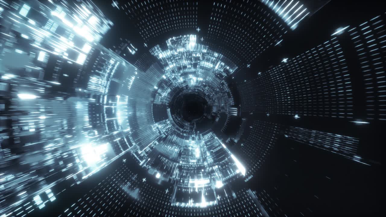 Flying into spaceship tunnel, sci-fi spaceship corridor