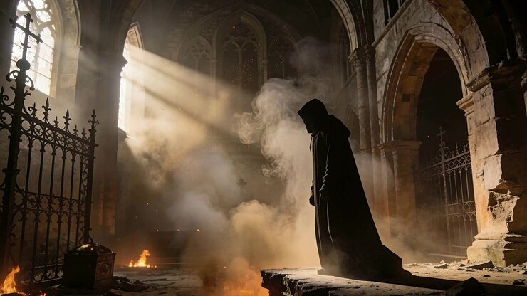Rising hooded figure prompted by sunlight, straightening on platform at ruined church, copy space