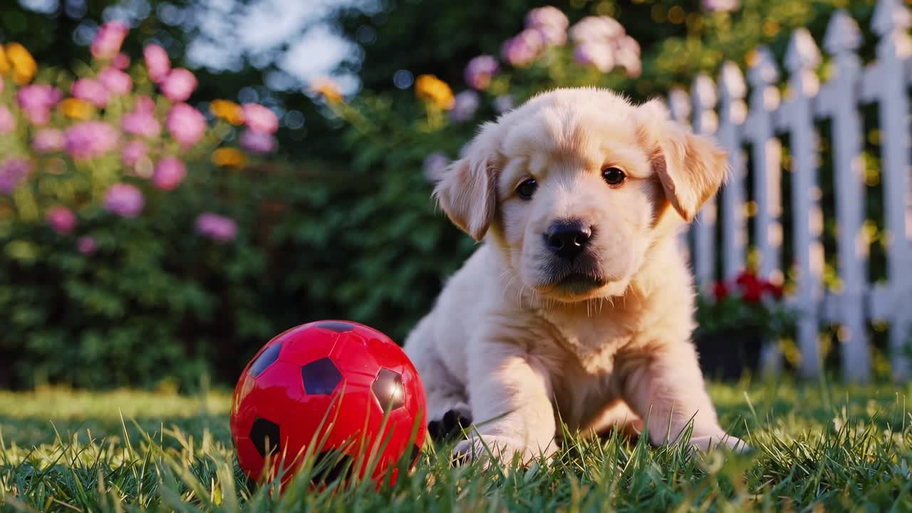 A playful puppy with a red ball on grass, captured at a low angle